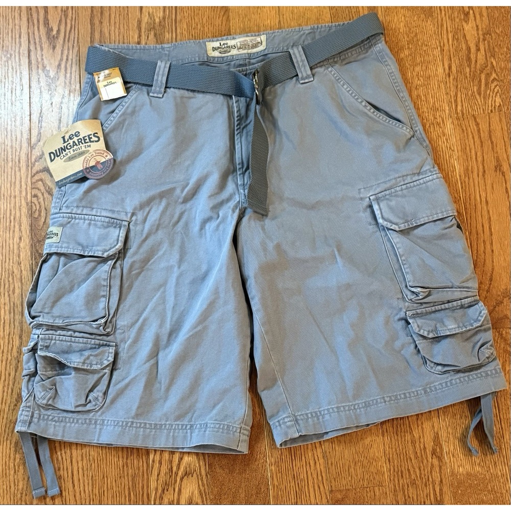 NWT Lee Dungaree Cargo Shorts Greyish Blue Belted Pockets Size 32 12" Inseam